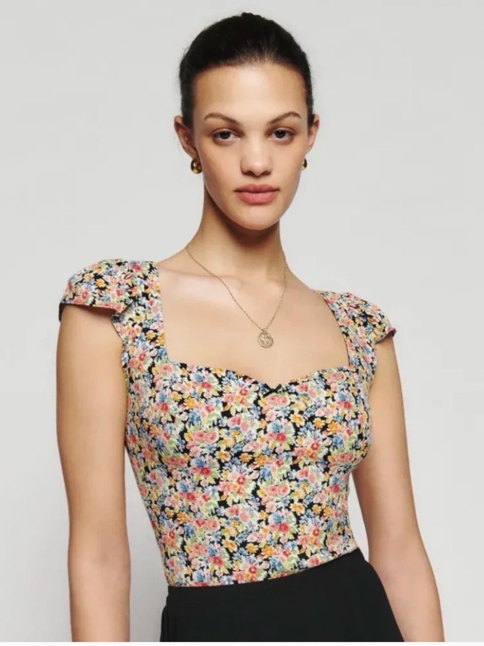Reformation Kinsley Top in Trix Floral Print on Black